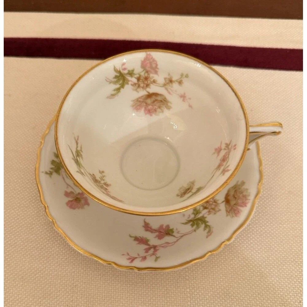 Vintage Haviland Limoges Poppy Porcelain Footed Teacup and Saucer Set Gold Trim